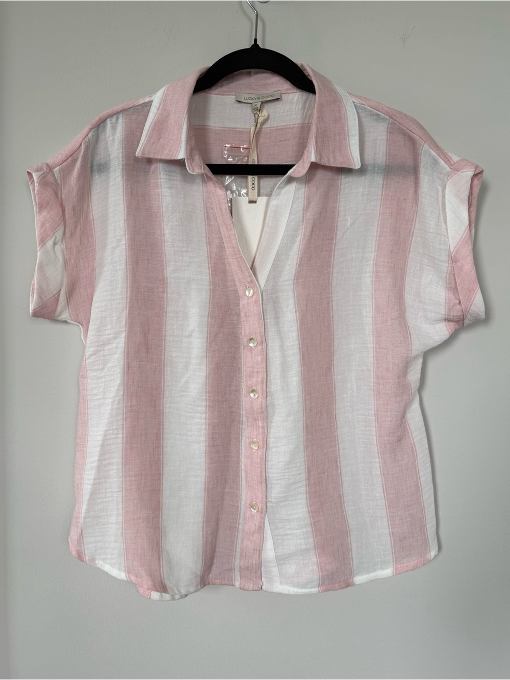 Lucky & Coco Blush Pink & White Vertical Stripe Short Sleeve Shirt
